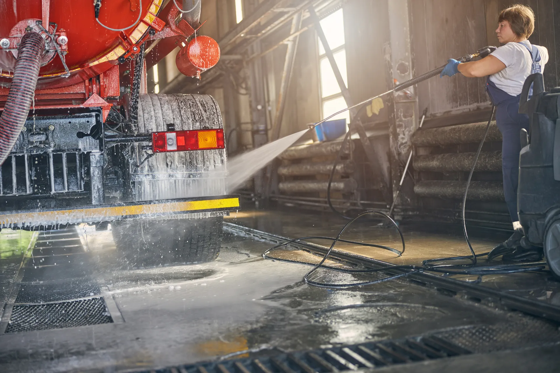 A woman is power washing a vacuum truck, where runoff is collected and treated with Tank Attack.